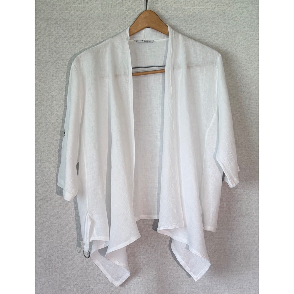 Gigi Moda White 100% Linen Open Front Waterfall Cardigan Roll Tab Made in Italy‎